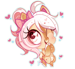 Size: 594x544 | Tagged: safe, artist:ipun, imported from derpibooru, oc, oc only, oc:cinnamon rose, deer, deer pony, original species, blushing, bow, chibi, cute, hair bow, heart, heart eyes, one eye closed, simple background, solo, transparent background, wingding eyes, wink