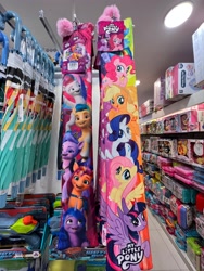 Size: 4032x3024 | Tagged: safe, imported from derpibooru, applejack, fluttershy, hitch trailblazer, izzy moonbow, pinkie pie, pipp petals, queen haven, rainbow dash, rarity, sunny starscout, twilight sparkle, zipp storm, alicorn, earth pony, pegasus, pony, unicorn, female, g4, g5, high res, male, mane five (g5), mane six, mare, merchandise, photo, stallion, twilight sparkle (alicorn), umbrella