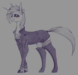 Size: 1900x1850 | Tagged: safe, artist:stray prey, imported from derpibooru, oc, oc only, oc:acidia, pony, unicorn, belt, boots, clothes, ear piercing, jacket, licking, licking lips, piercing, shoes, solo, tongue out