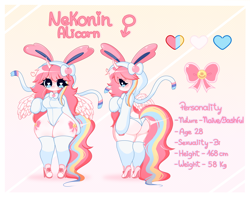 Size: 5600x4446 | Tagged: safe, artist:arwencuack, imported from derpibooru, oc, oc:nekonin, alicorn, anthro, sylveon, arm hooves, bareback, bodysuit, clothes, commission, curved horn, cutie mark, femboy, heart, heart eyes, high heels, hooded leotard, horn, leotard, male, male symbol, pokémon, reference, reference sheet, ribbon, shoes, socks, solo, thicc thighs, thigh highs, wide hips, wingding eyes