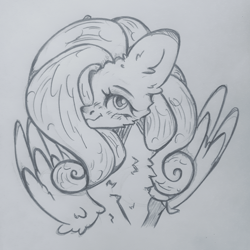 Size: 960x960 | Tagged: safe, artist:starkey, imported from derpibooru, fluttershy, pegasus, pony, chest fluff, ear fluff, fluffy, smiling, solo, traditional art