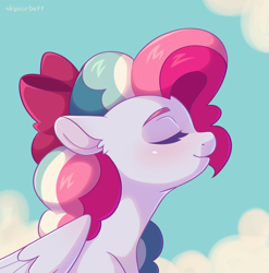 Size: 1648x1670 | Tagged: safe, artist:skysorbett, imported from derpibooru, oc, oc only, oc:sky sorbet, pegasus, pony, bow, bust, cloud, curly hair, curly mane, eyes closed, female, hair bow, mare, multicolored hair, pegasus oc, portrait, smiling, solo, wings