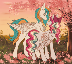 Size: 2365x2116 | Tagged: safe, artist:verpol, imported from derpibooru, oc, oc only, oc:sky sorbet, oc:twister joy, pegasus, pony, bow, butt, couple, duo, duo male and female, female, hair bow, male, mare, multicolored hair, multicolored mane, plot, sunset, tree, two toned mane