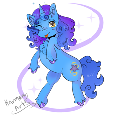 Size: 1692x1579 | Tagged: safe, artist:harmony arts, imported from derpibooru, oc, oc only, oc:nighttime wishes, pony, unicorn, chest fluff, female, mare, one eye closed, simple background, solo, tongue out, white background, wink