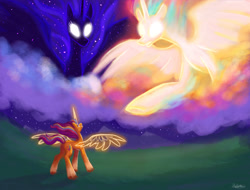 Size: 1680x1280 | Tagged: safe, artist:heebiejeebies, imported from derpibooru, princess celestia, princess luna, sunny starscout, alicorn, pony, artificial horn, artificial wings, augmented, butt, cloud, female, g4, g5, glowing, glowing eyes, horn, magic, magic horn, magic wings, mare, plot, race swap, sunnycorn, wings