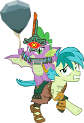 Size: 1702x2504 | Tagged: safe, artist:sketchmcreations, imported from derpibooru, sandbar, spike, tom, dragon, robot, clothes, cosplay, costume, link, looking at each other, looking at someone, mask, running, scared, simple background, stick, teenager, the legend of zelda, the legend of zelda: breath of the wild, the legend of zelda: tears of the kingdom, this will end in pain, transparent background, tree branch, vector, winged spike, wings
