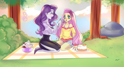 Size: 1216x657 | Tagged: safe, artist:blackcatnyaa, imported from derpibooru, fluttershy, rarity, human, equestria girls, cake, commission, date, duo, duo female, female, flarity, food, ice cream, kneeling, lesbian, picnic, picnic blanket, shipping