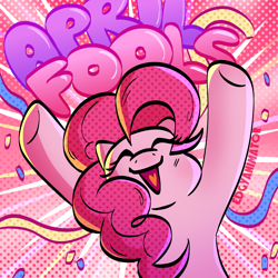Size: 2000x2000 | Tagged: safe, artist:edgyanimator, derpibooru exclusive, imported from derpibooru, pinkie pie, earth pony, pony, april fools, big smile, confetti, cute, diapinkes, eye clipping through hair, eyelashes, eyes closed, happy, open mouth, open smile, party, pink, pink coat, pink fur, pink hair, pink mane, raised hooves, simple shading, smiling, solo, tail