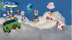 Size: 2048x1142 | Tagged: safe, artist:anuggetqueen, artist:beamhasreturned, artist:blitzyengineer, artist:jade breeze, artist:lightningstar, artist:paperbagpony, artist:shinta-girl, artist:thesimplementni, artist:tracklesth, imported from derpibooru, oc, oc:paper bag, oc:shinta pony, balloon, car, cloud, collaboration, flying, sign