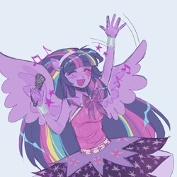 Size: 1800x1800 | Tagged: safe, artist:dulcesilly, imported from derpibooru, equestria girls, rainbow rocks, eyes closed, happy, microphone, music notes, open mouth, open smile, smiling, solo, waving