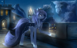 Size: 1131x707 | Tagged: safe, artist:koricg, imported from derpibooru, oc, oc only, pony, unicorn, blue mane, blue tail, city, cloud, crescent moon, crown, digital art, female, glowing, horn, jewelry, light, mare, moon, night, raised hoof, regalia, sky, smiling, solo, stars, tail, torch, walking