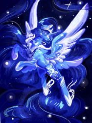 Size: 1536x2048 | Tagged: safe, artist:koricg, imported from derpibooru, oc, oc only, oc:rerum, alicorn, pony, alicorn oc, blue mane, blue tail, crown, digital art, ethereal mane, ethereal tail, eyelashes, feather, female, flowing mane, flowing tail, hoof shoes, horn, jewelry, mare, night, peytral, regalia, solo, spread wings, stars, tail, white eyes, wings