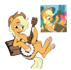 Size: 1707x1673 | Tagged: safe, artist:peachybats, imported from derpibooru, applejack, earth pony, pony, applejack's hat, banjo, cowboy hat, hat, musical instrument, screencap reference, simple background, white background
