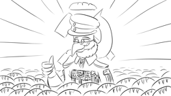 Size: 1920x1080 | Tagged: safe, artist:truffle shine, imported from derpibooru, oc, oc only, oc:asper sickleclaw, griffon, equestria at war mod, beard, bread, cap, clothes, communism, facial hair, food, glasses, hammer and sickle, hat, medal, sketch, solo, thumbs up, uniform