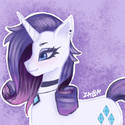 Size: 1000x1000 | Tagged: safe, artist:stankzappa, imported from derpibooru, rarity, pony, unicorn, blue eyes, blue mane, blushing, digital art, eyelashes, eyeshadow, female, gem, goth, horn, jewelry, lidded eyes, makeup, mare, necklace, pink background, signature, simple background, smiling, solo