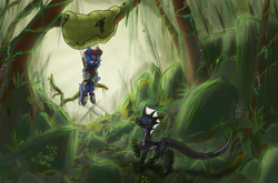 Size: 2920x1922 | Tagged: safe, artist:ashel_aras, artist:kirieshka, imported from derpibooru, oc, oc only, changeling, pony, unicorn, zebra, anticipation, bad end, bait, changeling oc, clothes, collaboration, doubt, duo, failure, forest, forest background, hunter, male, parachute, plants, pleased, predator, smiling, smirk, spider web, trap, zebra oc