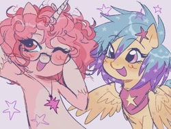 Size: 1024x768 | Tagged: safe, artist:dulcesilly, imported from derpibooru, oc, oc only, pegasus, pony, unicorn, blushing, duo, glasses, happy, jewelry, neckerchief, necklace, open mouth, open smile, pendant, smiling, spread wings, wings