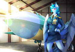 Size: 3324x2317 | Tagged: safe, artist:taiga-blackfield, imported from derpibooru, oc, oc only, oc:blue bolt, anthro, pegasus, awesome, badass, clothes, female, hand on hip, jet, jet fighter, medal, medals, necktie, smiling, solo, spread wings, sunglasses, uniform, wings, wonderbolts dress uniform, yf-23