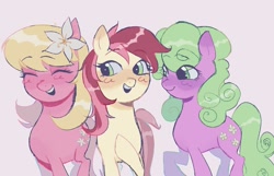 Size: 1608x1034 | Tagged: safe, artist:dulcesilly, imported from derpibooru, daisy, flower wishes, lily, lily valley, roseluck, earth pony, pony, eyes closed, flower, flower in hair, flower trio, happy, open mouth, open smile, smiling, trio