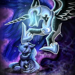 Size: 1280x1280 | Tagged: safe, artist:angelwingsmlpfim, imported from derpibooru, nightmare moon, princess luna, alicorn, pony, abstract background, blank eyes, blue mane, colored pupils, crying, digital art, ethereal mane, evil grin, eyelashes, eyes closed, fangs, feather, female, flowing mane, folded wings, glowing, grin, helmet, hoof shoes, horn, mare, night, nightmare, open mouth, peytral, sad, signature, sitting, smiling, solo, sparkles, spread wings, starry mane, stars, teeth, wings