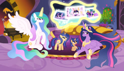 Size: 1024x586 | Tagged: safe, artist:velveagicsentryyt, imported from derpibooru, princess celestia, twilight sparkle, oc, oc:galaxy swirls, oc:velvet sentry, alicorn, pony, unicorn, the last problem, base used, female, filly, foal, magic, mama twilight, offspring, older, older twilight, parent:flash sentry, parent:twilight sparkle, parents:flashlight, princess twilight 2.0, twilight sparkle (alicorn)