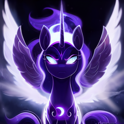 Size: 1024x1024 | Tagged: safe, imported from derpibooru, nightmare moon, alicorn, pony, ai content, ai generated, female, generator:pony diffusion v4, generator:stable diffusion, looking at you, mare, prompter:siber, solo, spread wings, wings