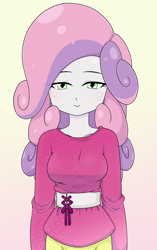 Size: 1394x2224 | Tagged: safe, artist:batipin, imported from derpibooru, sweetie belle, human, equestria girls, breasts, busty sweetie belle, clothes, digital art, female, looking at you, older, older sweetie belle, smiling, solo