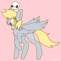 Size: 2000x2000 | Tagged: safe, artist:nawnii, imported from derpibooru, derpy hooves, pegasus, pony, autism creature, eye clipping through hair, looking left, open mouth, open smile, pink background, simple background, smiling, solo, spread wings, wings