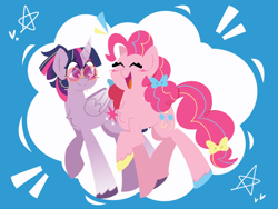 Size: 1280x960 | Tagged: safe, artist:charmallows, imported from derpibooru, pinkie pie, twilight sparkle, alicorn, earth pony, pony, blushing, chest fluff, duo, eyes closed, female, glasses, heart, heart eyes, lesbian, shipping, smiling, twilight sparkle (alicorn), twinkie, wingding eyes