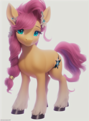 Size: 656x896 | Tagged: safe, imported from derpibooru, sunny starscout, earth pony, pony, ai content, ai generated, female, g5, mare, my little pony: a new generation, simple background, solo, unshorn fetlocks, white background, wrong cutie mark