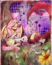 Size: 1080x1350 | Tagged: safe, artist:aimishix, imported from derpibooru, discord, fluttershy, bird, draconequus, pegasus, pony, rabbit, animal, bird house, discoshy, duo, eyes closed, female, lying down, male, mare, outdoors, partially open wings, shipping, sitting, smiling, straight, traditional art, tree, under the tree, wings