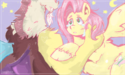 Size: 732x443 | Tagged: safe, artist:aimishix, imported from derpibooru, discord, fluttershy, draconequus, pegasus, pony, crying, discoshy, duo, female, looking at each other, looking at someone, male, mare, sad, shipping, spread wings, straight, teary eyes, unshorn fetlocks, wings