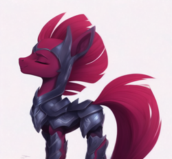 Size: 832x768 | Tagged: safe, imported from derpibooru, tempest shadow, pony, unicorn, ai content, ai generated, armor, concave belly, eyes closed, female, mare, simple background, solo, white background