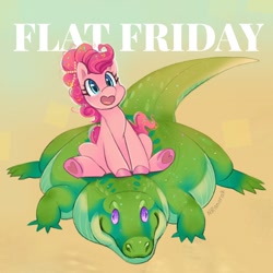 Size: 1080x1080 | Tagged: safe, artist:anoraknr, imported from derpibooru, gummy, pinkie pie, alligator, earth pony, pony, female, flat fuck friday, gradient background, mare, ponies riding gators, riding