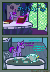 Size: 2048x2926 | Tagged: safe, artist:magic-aggy, imported from derpibooru, trixie, twilight sparkle, alicorn, pony, unicorn, bath, book, comic, cutie map, homestuck, sharpie, twilight sparkle (alicorn), twilight's castle