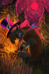 Size: 1723x2613 | Tagged: safe, artist:beherelongtime, imported from derpibooru, oc, oc:craz, cow, them's fightin' herds, arizona (tfh), bandana, campfire, community related, feather, grass, hat, moon, top hat, tree