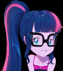 Size: 512x576 | Tagged: safe, editor:luckreza8, imported from derpibooru, sci-twi, twilight sparkle, human, equestria girls, :d, ai content, ai generated, anime, bare shoulders, black background, female, generator:pinegraph, open mouth, open smile, simple background, sleeveless, smiling, solo