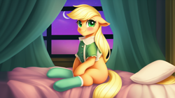 Size: 1024x576 | Tagged: safe, imported from derpibooru, applejack, earth pony, pony, ai content, ai generated, bed, bedroom, clothes, cute, dress, female, mare, sitting, socks, solo, window