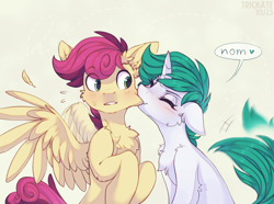 Size: 2690x2000 | Tagged: safe, artist:trickate, imported from derpibooru, oc, oc only, oc:hazel, oc:wallparty, pegasus, pony, unicorn, cheek bite, chest fluff, commission, eye clipping through hair, eyes closed, female, horn, male, mare, nom, oc x oc, pegasus oc, shipping, simple background, sitting, solo, speech bubble, stallion, straight, sweat, tail, tail wag, unicorn oc, ych result