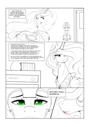 Size: 4093x5787 | Tagged: safe, artist:thelunarmoon, imported from derpibooru, princess celestia, alicorn, earth pony, pony, comic, female, lineart, male, mare, royal guard, stallion