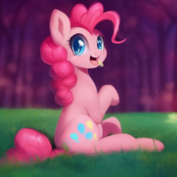 Size: 576x576 | Tagged: safe, imported from derpibooru, pinkie pie, earth pony, pony, ai content, ai generated, female, mare, open mouth, sitting, solo