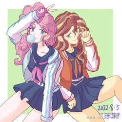 Size: 4093x4093 | Tagged: safe, artist:子轩敲可耐呀, imported from derpibooru, pinkie pie, sunset shimmer, human, bubblegum, clothes, duo, duo female, female, food, gum, humanized, looking at you, school uniform, smiling, smiling at you