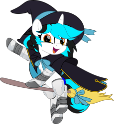 Size: 4242x4626 | Tagged: safe, imported from derpibooru, oc, oc only, oc:flawless ice, cyborg, pony, unicorn, broom, cape, clothes, female, hat, simple background, solo, transparent background, witch, witch hat