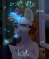 Size: 2500x3000 | Tagged: safe, artist:medkit, imported from derpibooru, oc, oc only, oc:wilson hugh, pony, unicorn, accessory, blue light, chair, colored eyebrows, colored hooves, colored pupils, complex background, dark, digital art, ear fluff, ears up, english, eyebrows, fluffy, freckles, glasses off, gritted teeth, half body, heart shaped, horn, horseshoes, looking at you, magic, male, multicolored mane, old art, one eye closed, paint tool sai 2, paper, pattern, png, rain, raised hooves, shelf, short mane, smiling, smiling at you, solo, stallion, sternocleidomastoid, teeth, telekinesis, thick eyebrows, three quarter view, title, unicorn oc, unshorn fetlocks, wall of tags, wallpaper, window, wink, winking at you