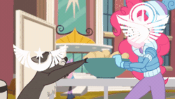 Size: 682x384 | Tagged: safe, edit, edited screencap, imported from derpibooru, screencap, fluttershy, pinkie pie, smoky, human, raccoon, equestria girls, equestria girls series, holidays unwrapped, spoiler:eqg series (season 2), animated, april fools 2023, blizzard or bust, fight, gif, new lunar republic, solar empire