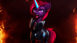 Size: 1024x576 | Tagged: safe, imported from derpibooru, fizzlepop berrytwist, tempest shadow, pony, unicorn, my little pony: the movie, ai content, ai generated, female, horn, mare, open mouth, singing, solo, tempest gets her horn back