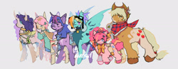 Size: 2048x797 | Tagged: safe, artist:magician-hero, imported from derpibooru, applejack, fluttershy, pinkie pie, rainbow dash, rarity, twilight sparkle, earth pony, pegasus, pony, unicorn, accessory, bandana, ear piercing, earring, goggles, hair pick, jewelry, leg fluff, mane six, piercing, redesign, simple background, white background