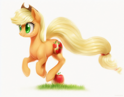 Size: 896x704 | Tagged: safe, imported from derpibooru, applejack, earth pony, pony, ai content, ai generated, female, grass, jumping, mare, simple background, solo, white background