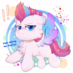 Size: 3100x3100 | Tagged: safe, artist:cannyginger12, imported from derpibooru, zipp storm, pegasus, pony, adorazipp, angry, cheek fluff, chest fluff, cute, exclamation point, female, fluffy, g5, high res, looking at you, madorable, mare, simple background, solo, spread wings, unamused, white background, wings, zipp storm is not amused