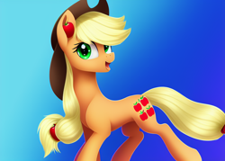 Size: 896x640 | Tagged: safe, imported from derpibooru, applejack, earth pony, pony, ai content, ai generated, female, gradient background, mare, solo
